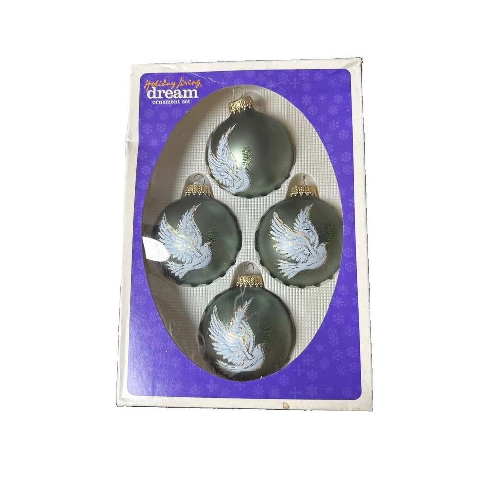 Krebs Holiday Living Green White Dove Gold Glass Christmas Ornaments Set of 4
